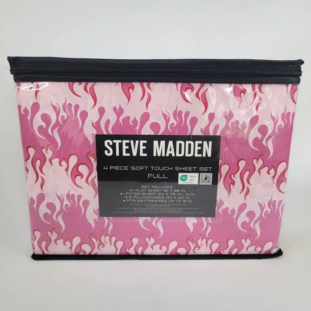 Hot Pink Fire Flames Print 4pc FULL Sheets Set White Red Harley Girl Biker Chic
